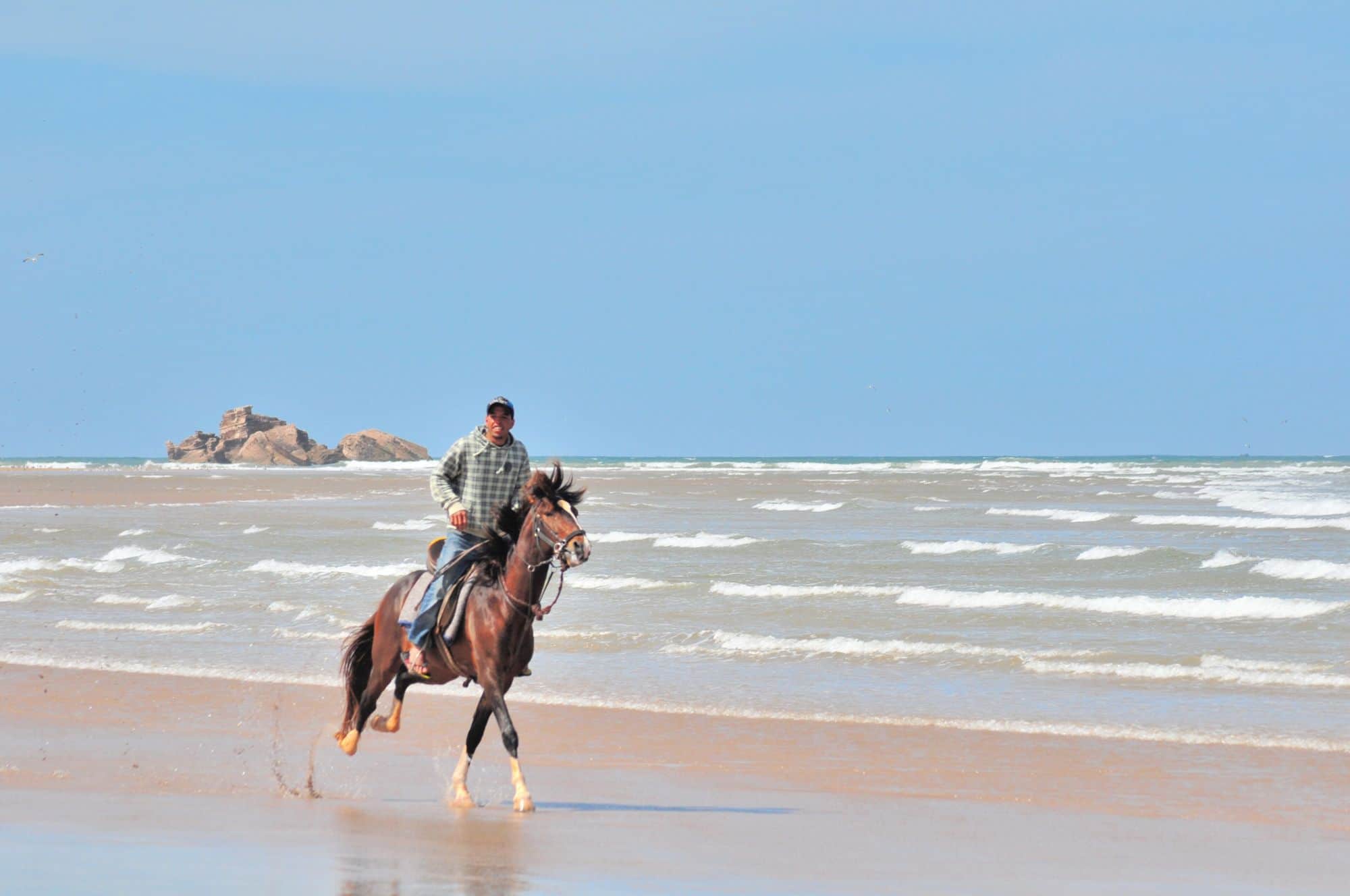 Cavalier au bord des vagues sur la plage d'Essaouira